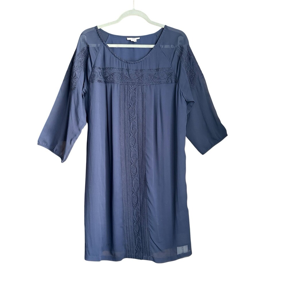 Joie Women’s L Silk Shift Dress Slate Blue Embroidered Boho Sheer Sleeve Lined